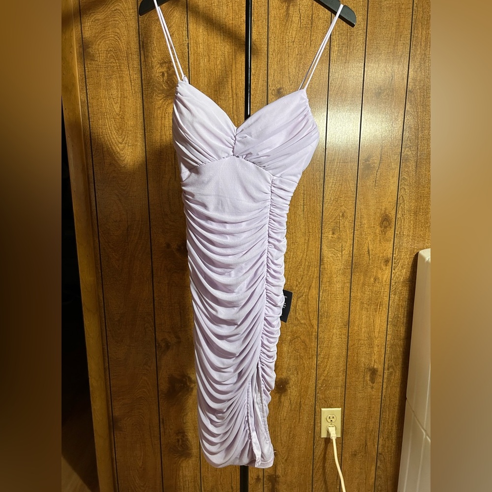 Lulu's Lilac Ruched Spaghetti-Strap Midi Dress